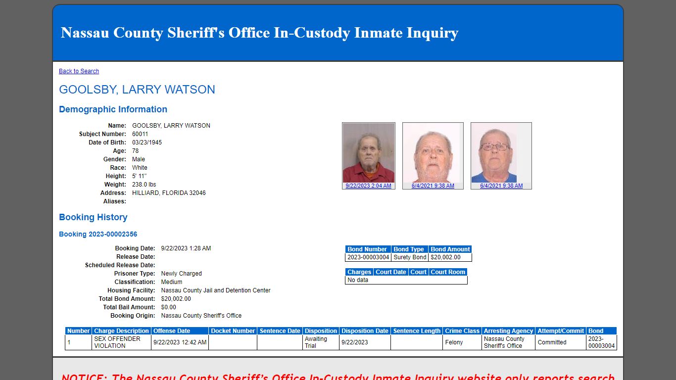 Nassau County Sheriff's Office In-Custody Inmate Inquiry